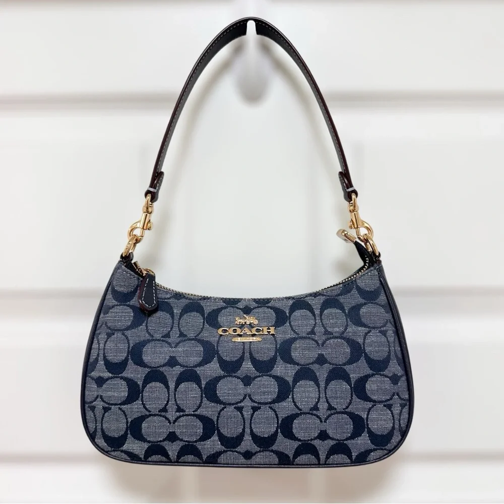 Coach Teri Shoulder Bag Signature Chambray Leather Trim